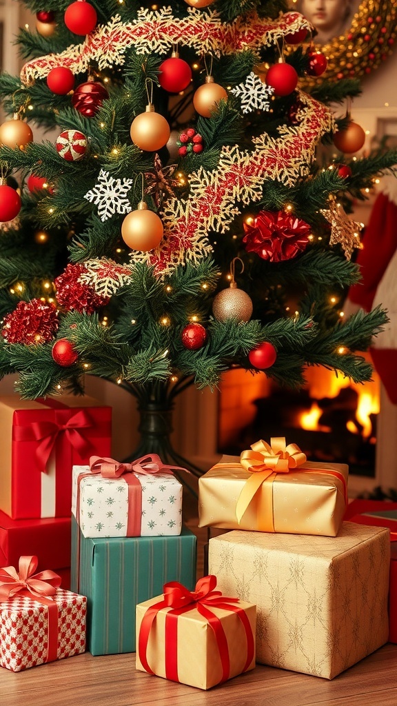 A collection of colorful Christmas gifts under a decorated tree with lights and ornaments.